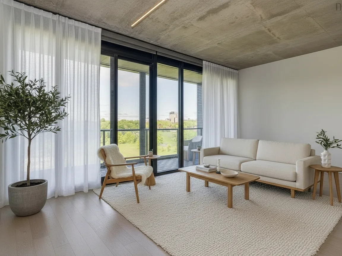 The same living room, virtually staged in Scandinavian decor