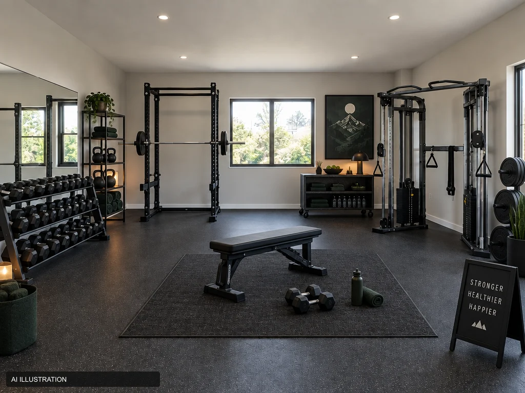 AI example of the same gym with a weight bench for bench presses, a mat, storage and accessories