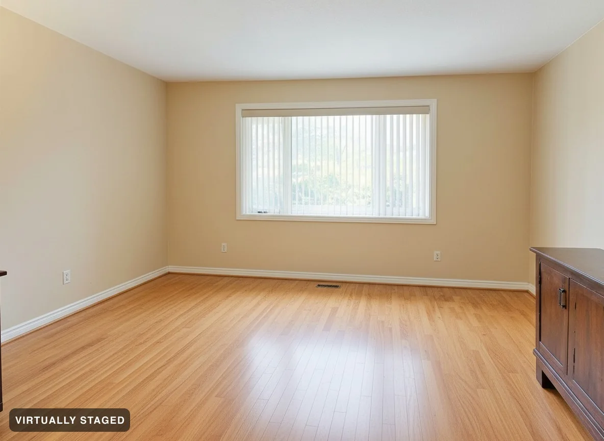The same room with the sofa, rug and clutter removed — the built-in cabinetry stays