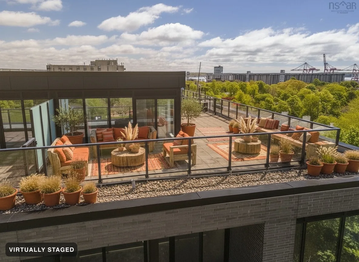 The same terrace with outdoor seating, rugs, planters and small trees — the railings, paving, building and skyline unchanged