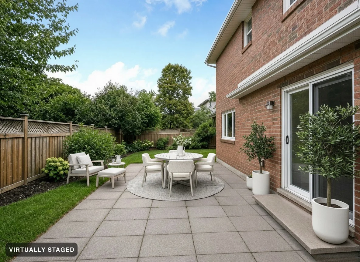 The same patio dressed with outdoor furniture and planters — the house, fence, paving and sky unchanged