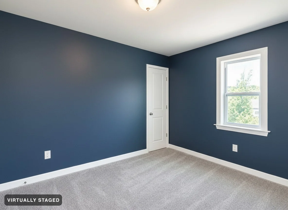 The same room with the walls repainted deep slate blue — floor, ceiling, windows and the view unchanged
