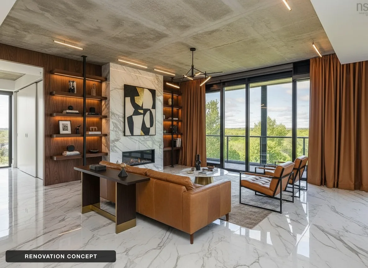 A renovation concept of the same room with marble floors, a fireplace wall and built-in shelving — labelled RENOVATION CONCEPT in the image