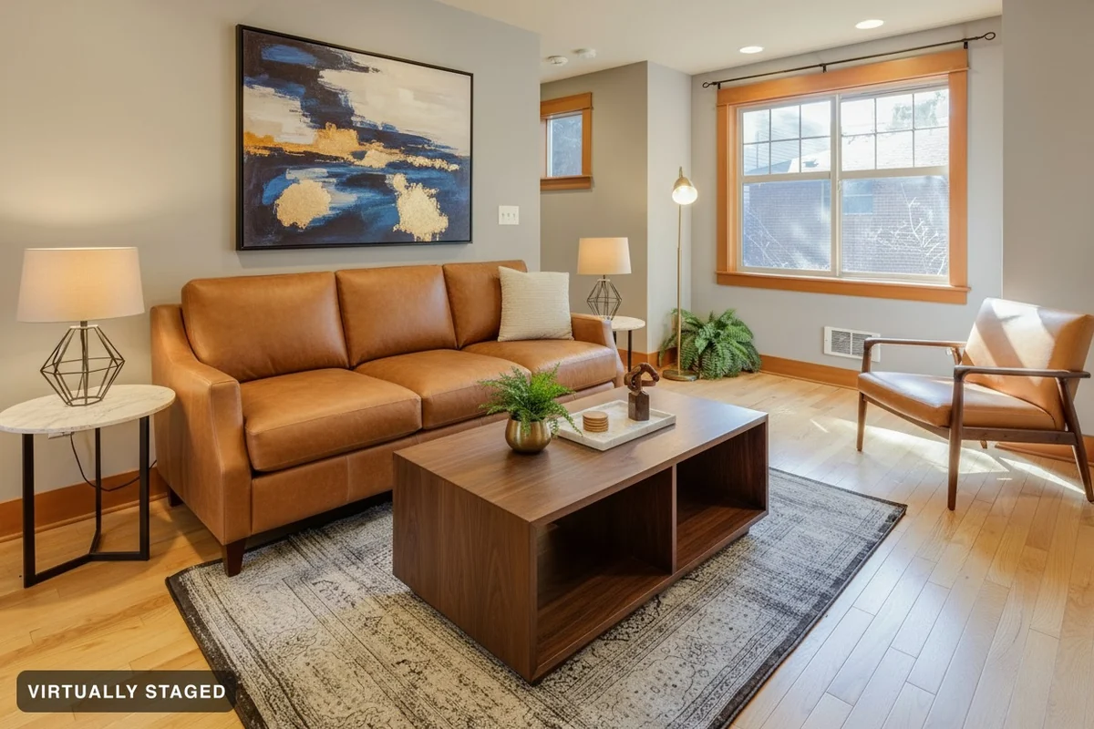 The same room restyled in Cognac — new sofa, table, chair and art, while the window, wood trim, floor and wall vent stay exactly as photographed