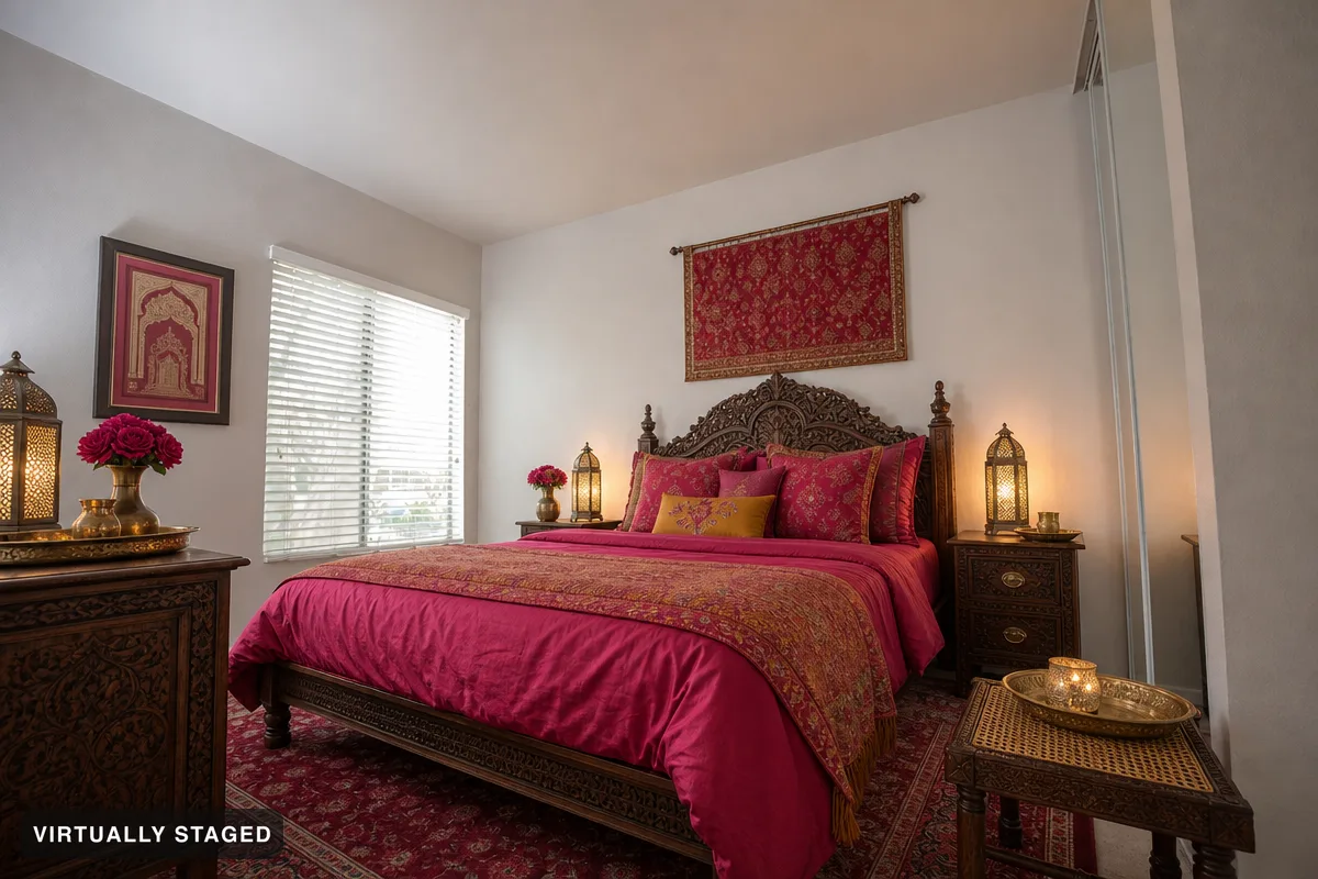 Rich colours and wood — AI bedroom example