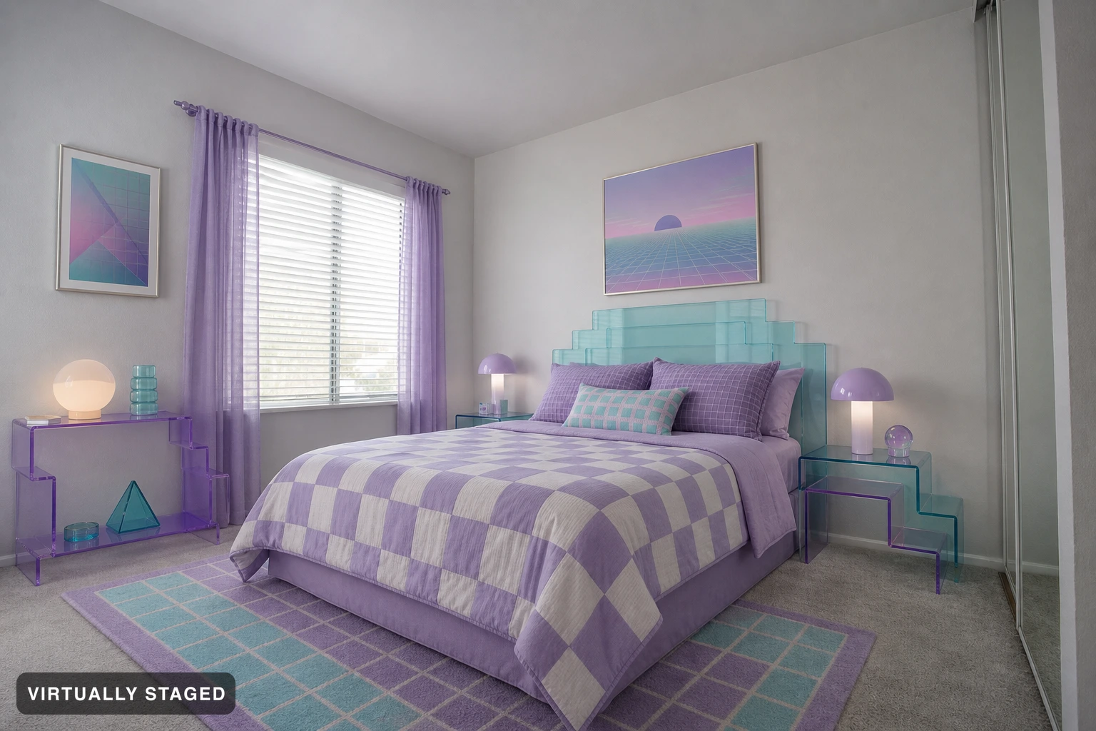 Vaporwave in a bedroom — virtually staged