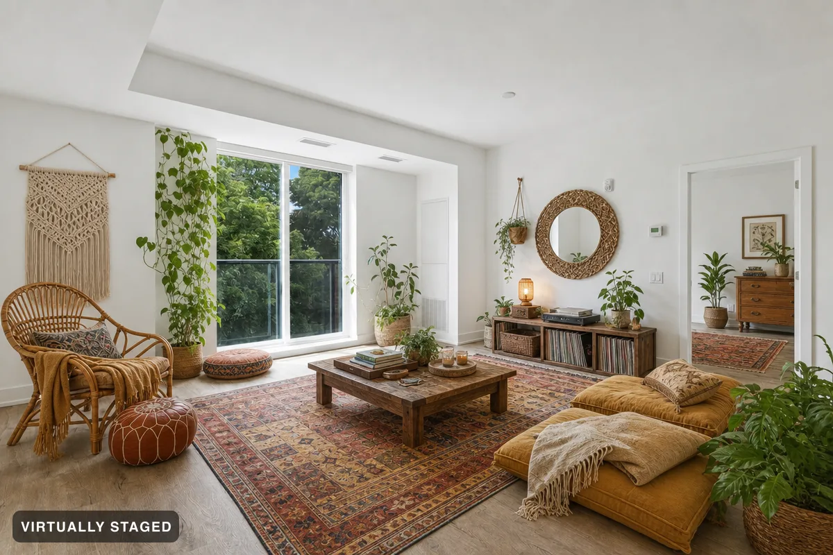 The same example room virtually staged in Cosy and colourful