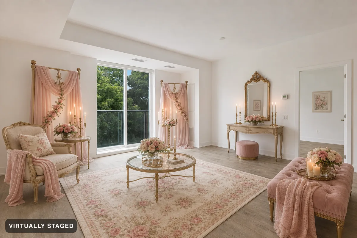 The same example room virtually staged in Romantic Vintage