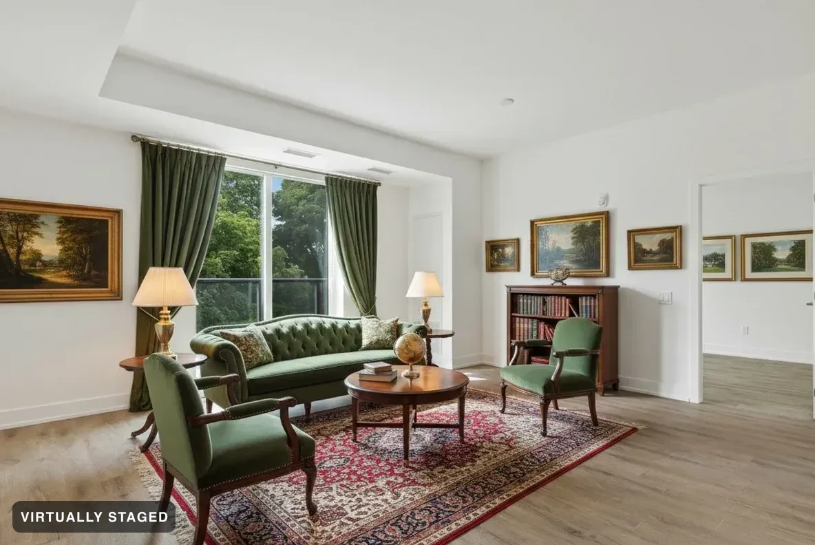 The same example room virtually staged in Forest green