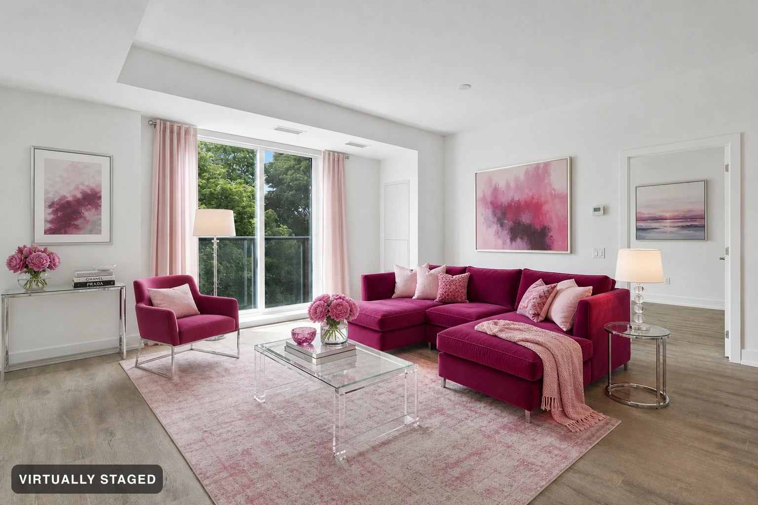 Hot Pink in a living room — virtually staged