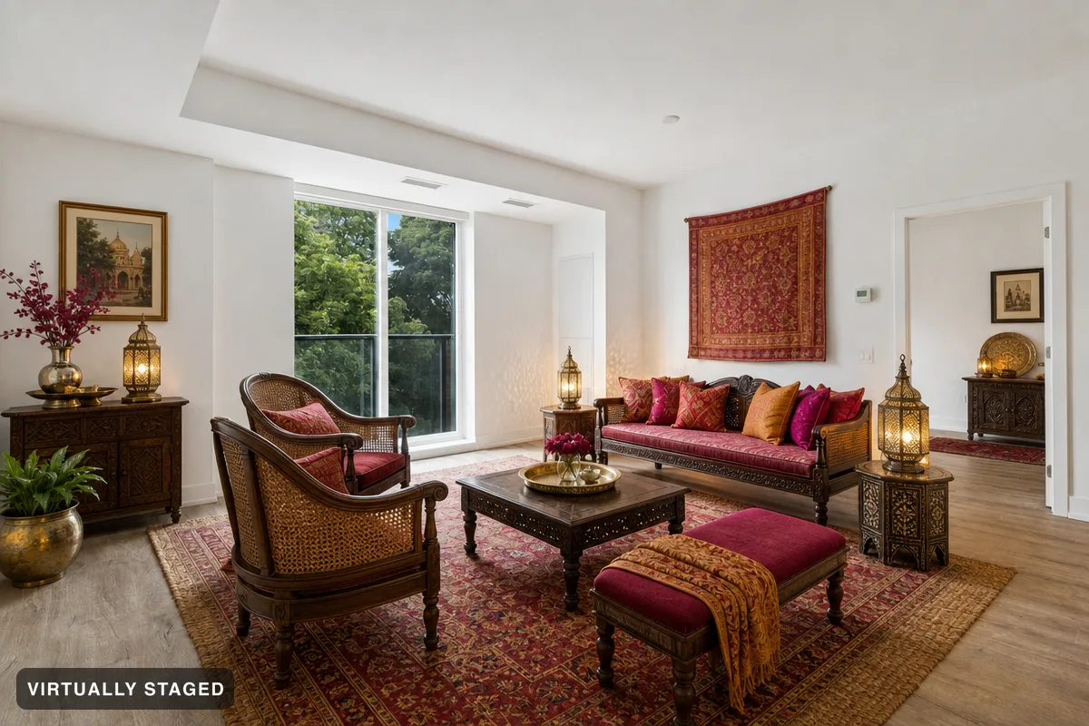 The same example room virtually staged in Rich colours and wood