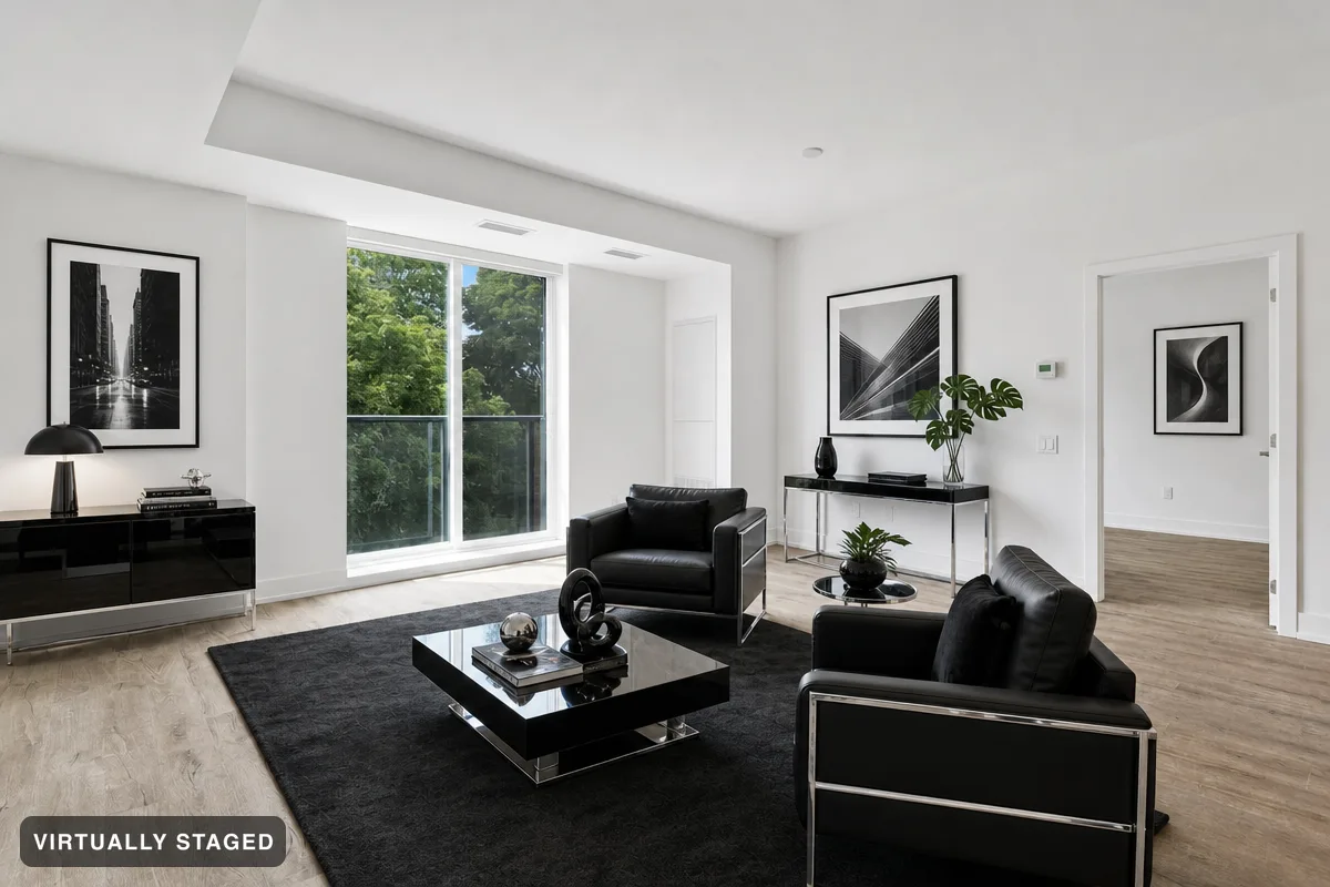 The same example room virtually staged in Black and white