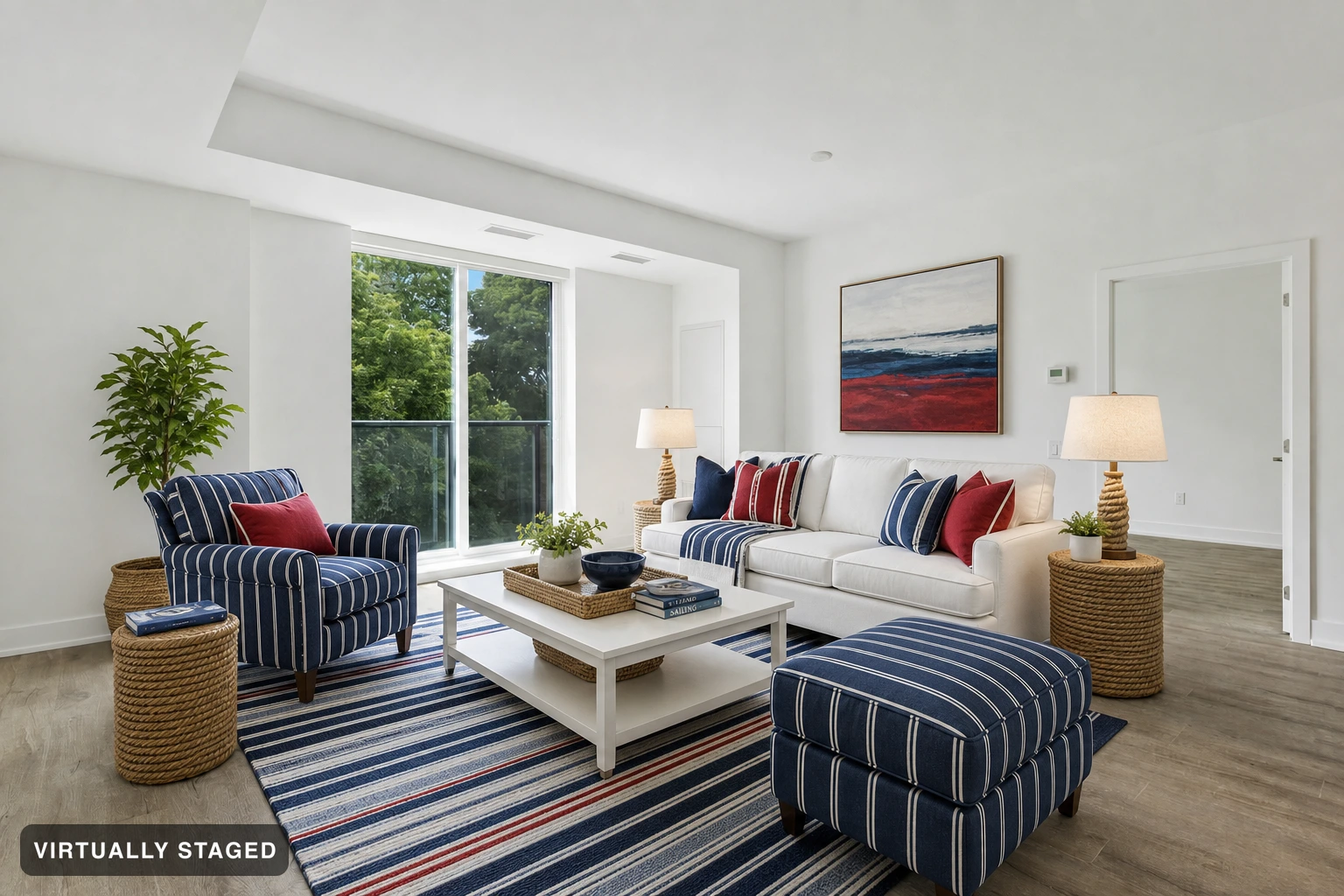 Nautical in a living room — virtually staged
