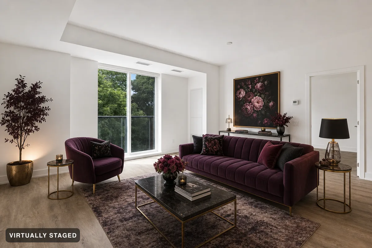 The same example room virtually staged in Deep purple