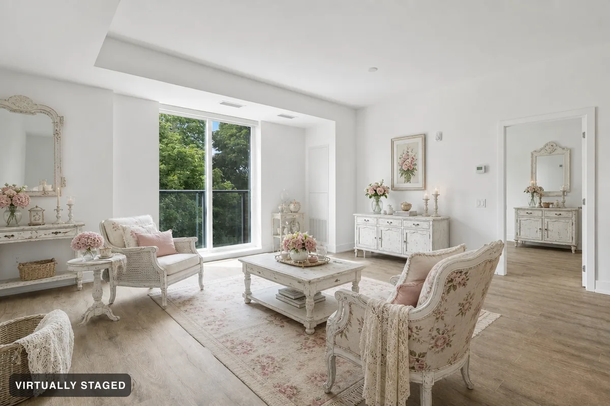 The same example room virtually staged in Vintage flowers