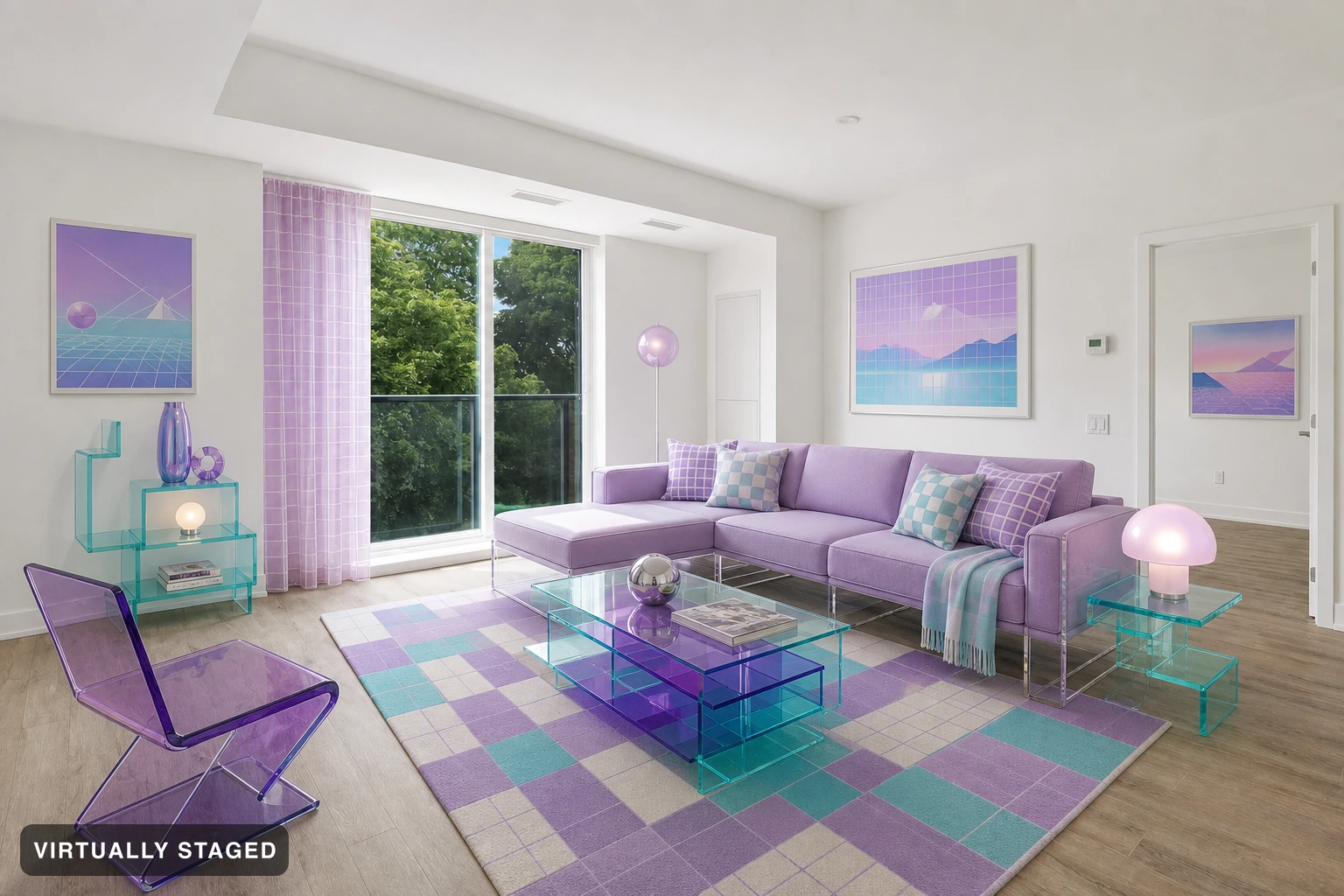 Vaporwave in a living room — virtually staged
