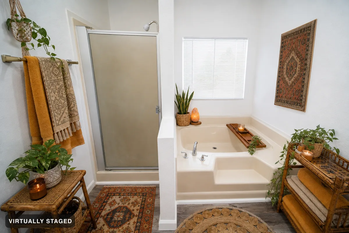 Cosy and colourful — AI bathroom example