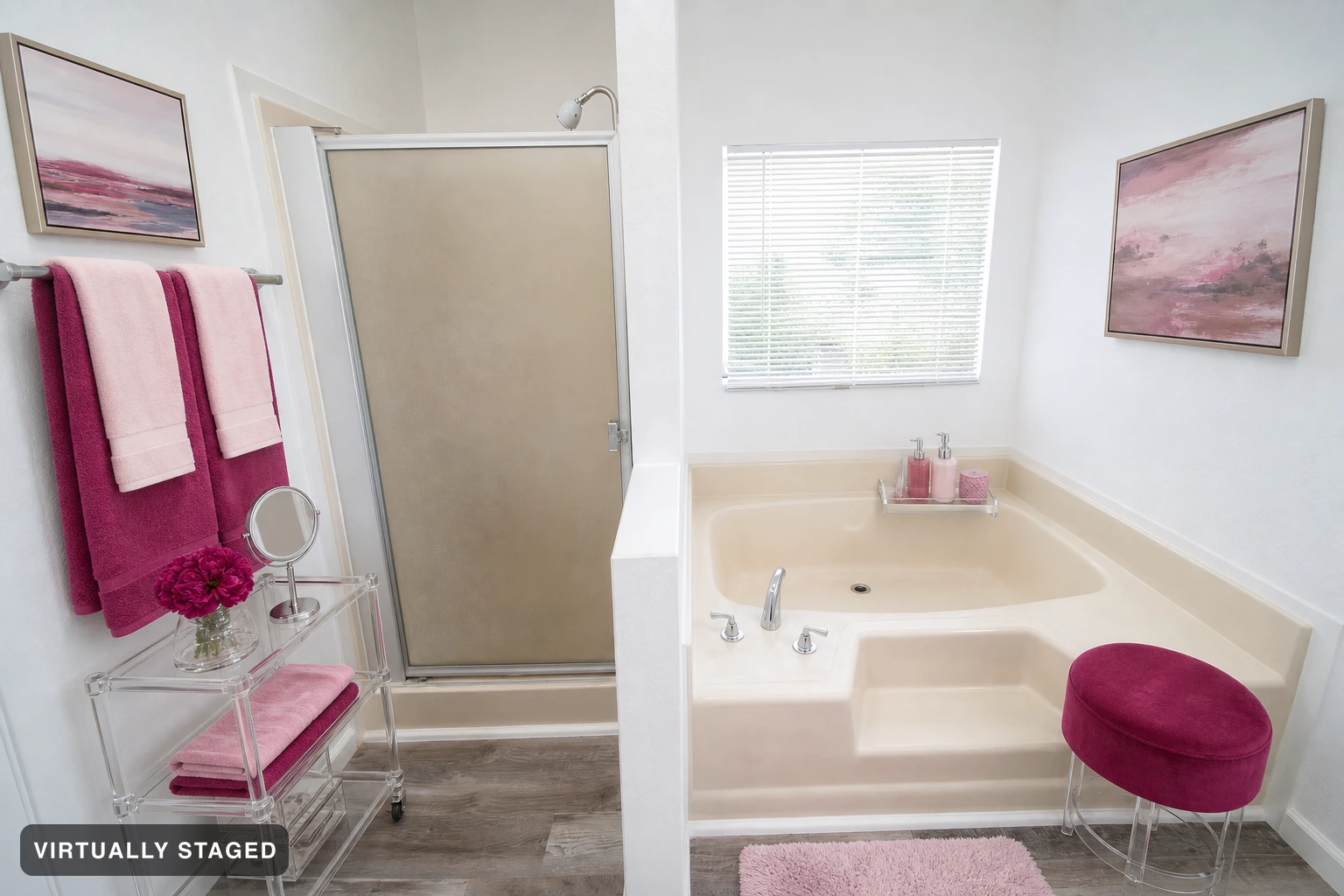 Hot Pink in a bathroom — virtually staged