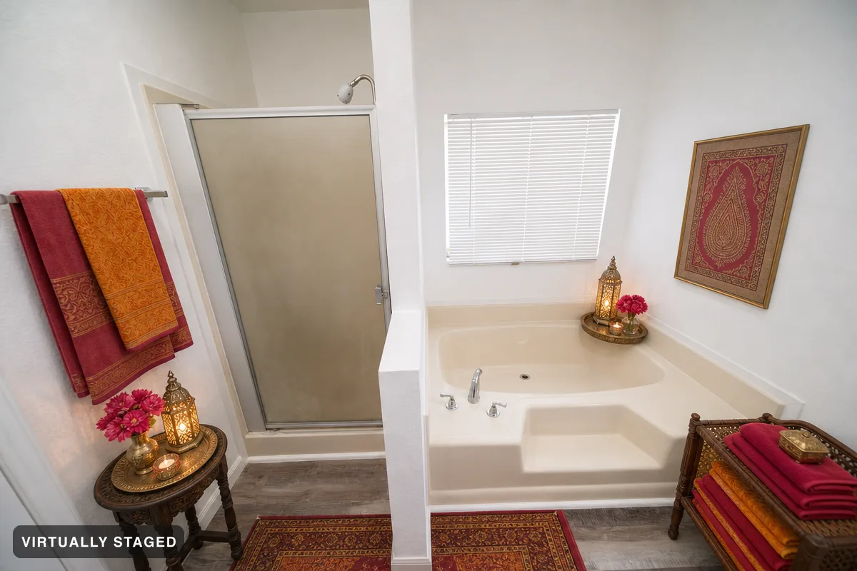Rich colours and wood — AI bathroom example