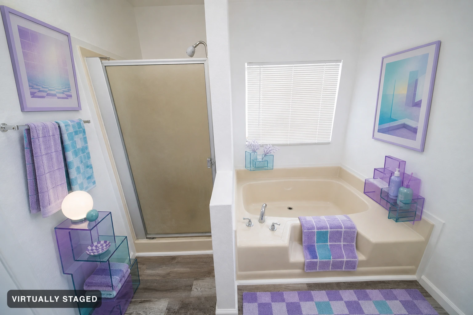 Vaporwave in a bathroom — virtually staged