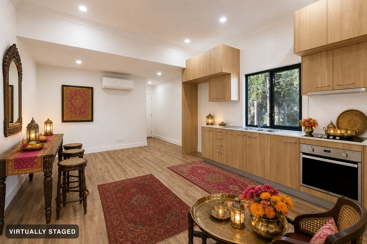 Rich colours and wood — AI kitchen example