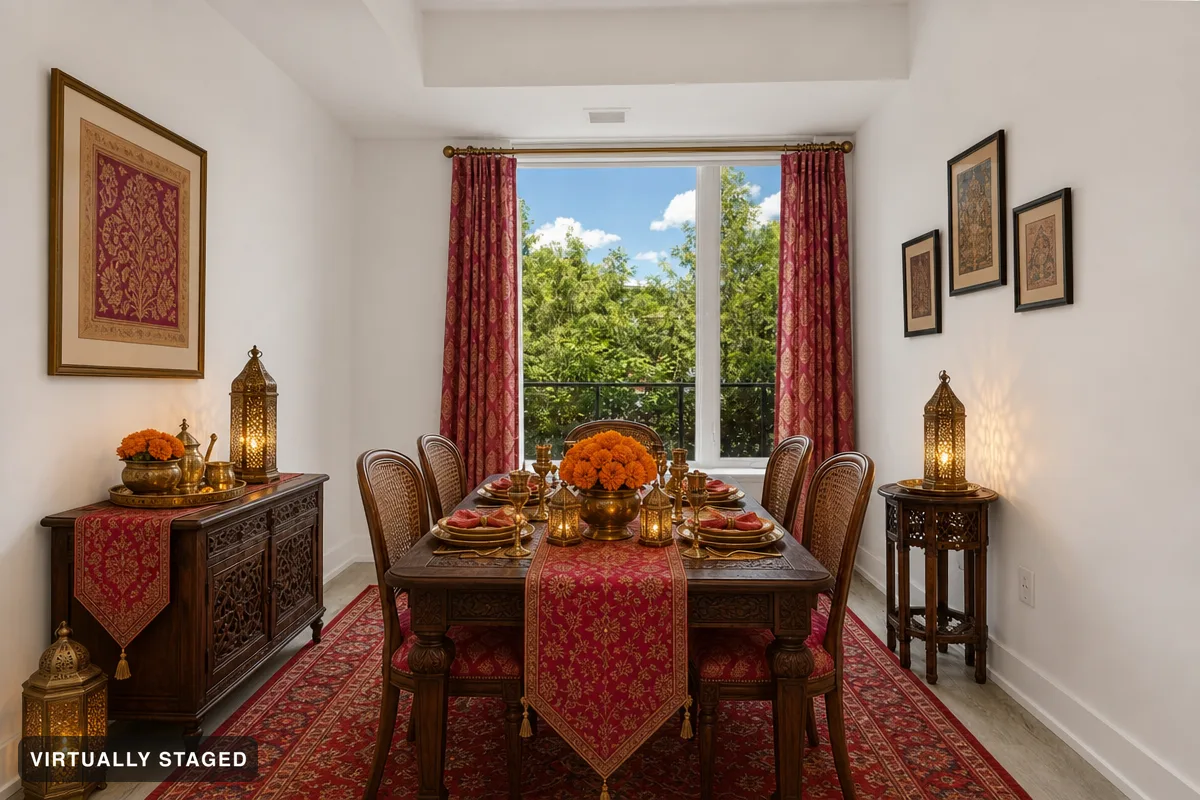 Rich colours and wood — AI dining room example