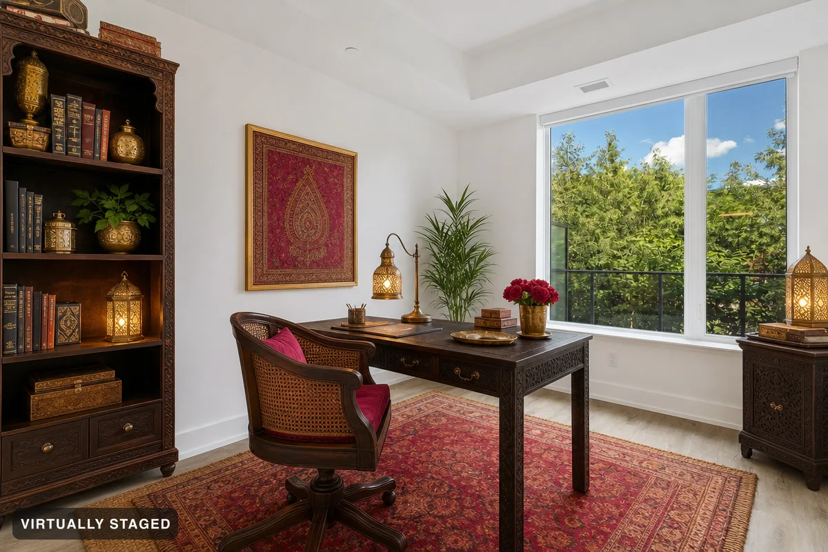 Rich colours and wood — AI home office example