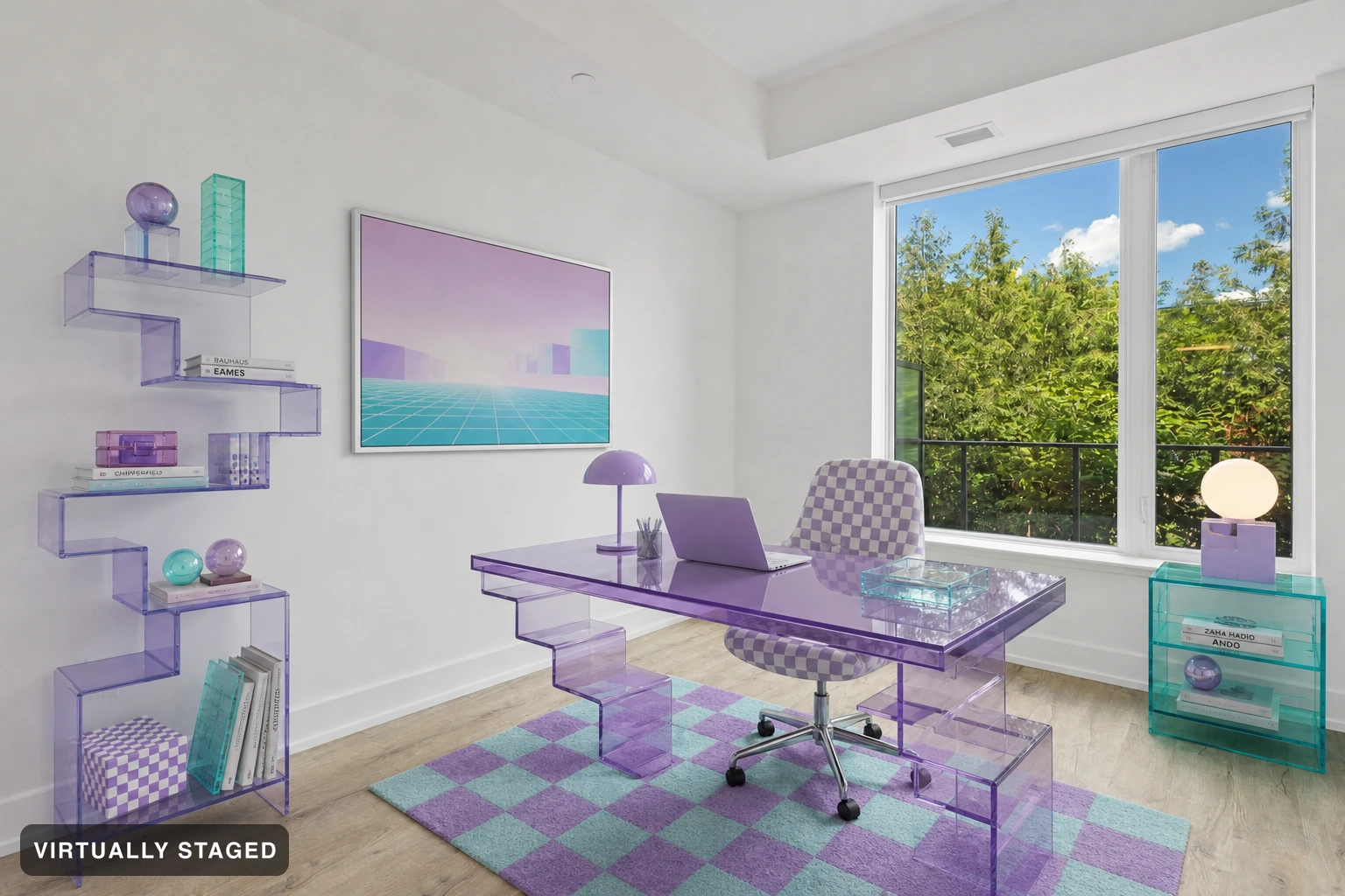 Vaporwave in a home office — virtually staged