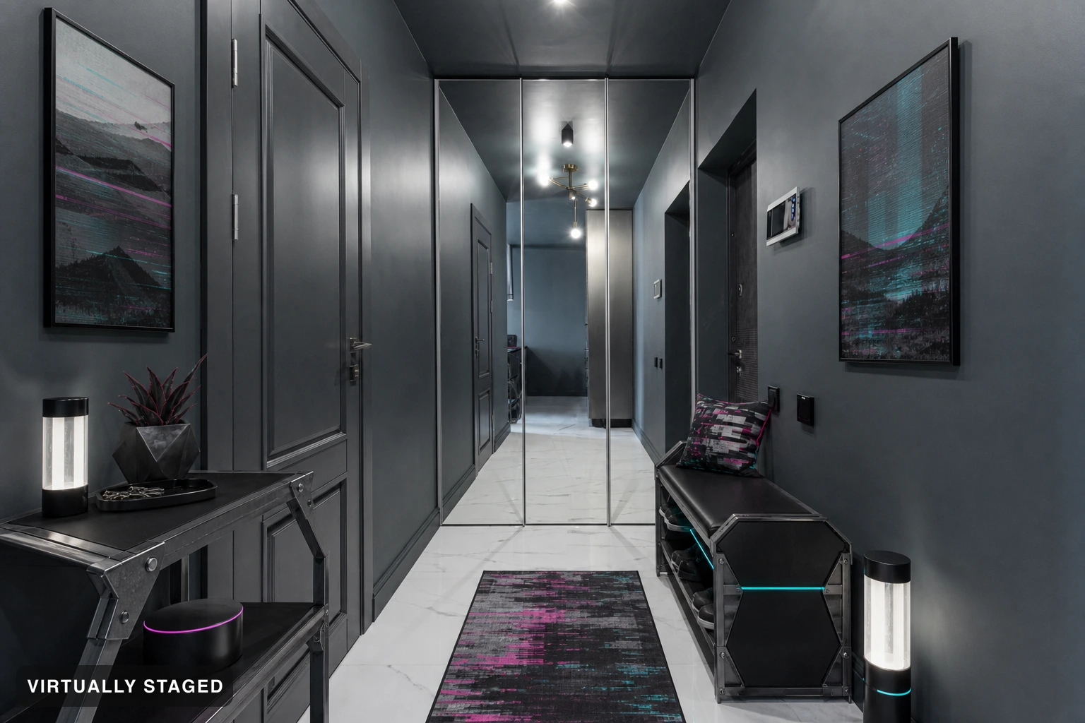 Cyberpunk in an entryway — virtually staged