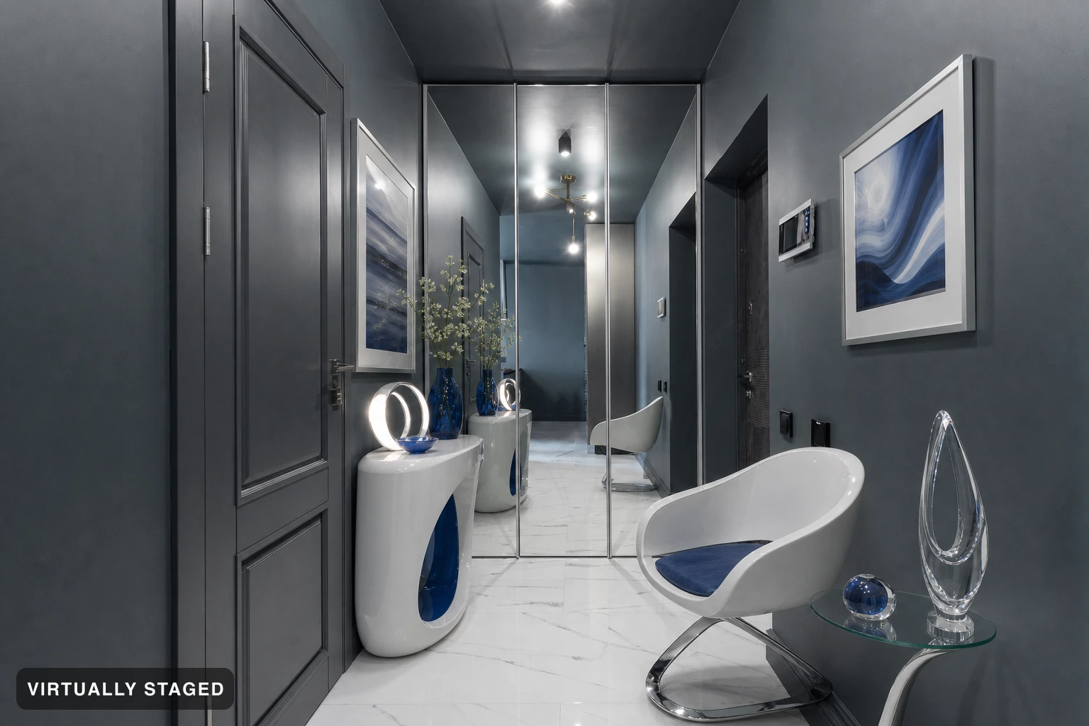 Futuristic in an entryway — virtually staged