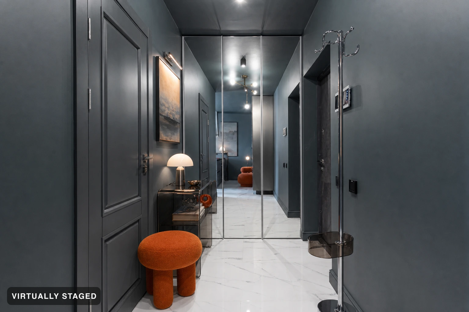 Retro Futuristic in an entryway — virtually staged