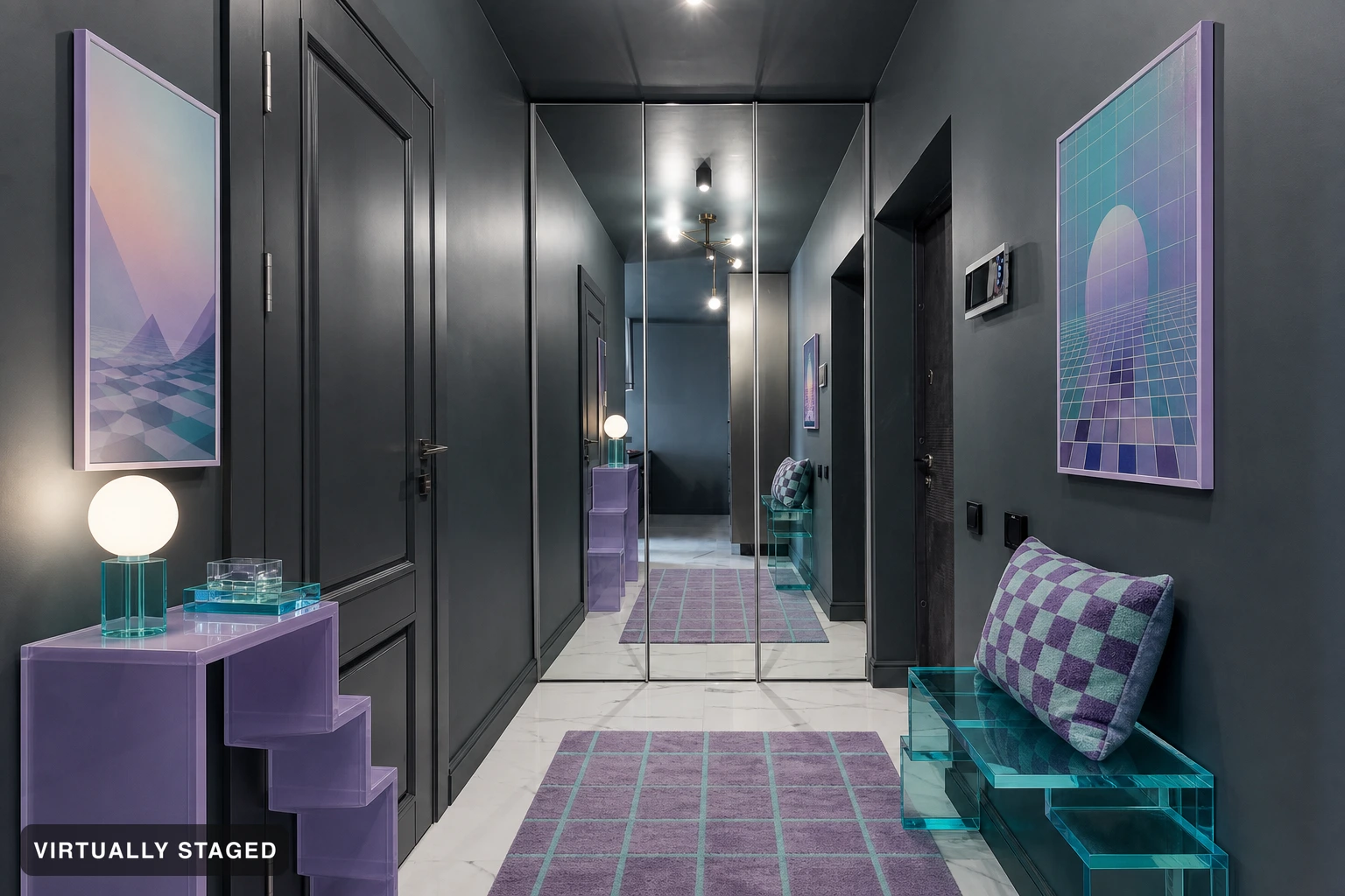 Vaporwave in an entryway — virtually staged