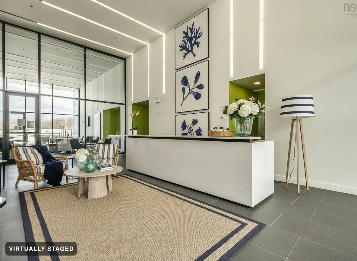 The same lobby with the rug replaced and new seating, art and a lamp — the reception desk, tile floor and green alcove unchanged