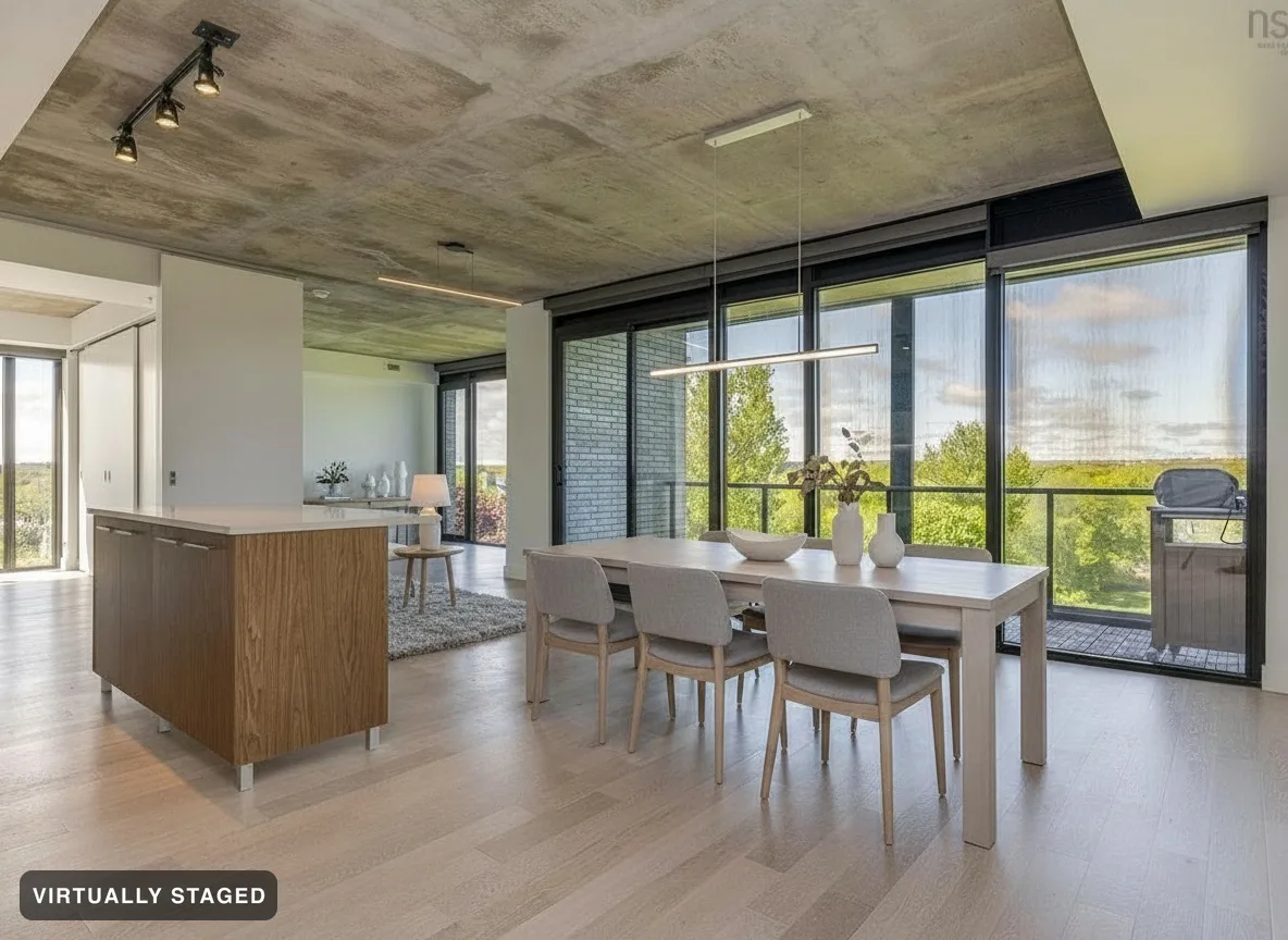 The same space staged in Nordic Light with a dining table and chairs — the island, cabinetry, floors and windows unchanged