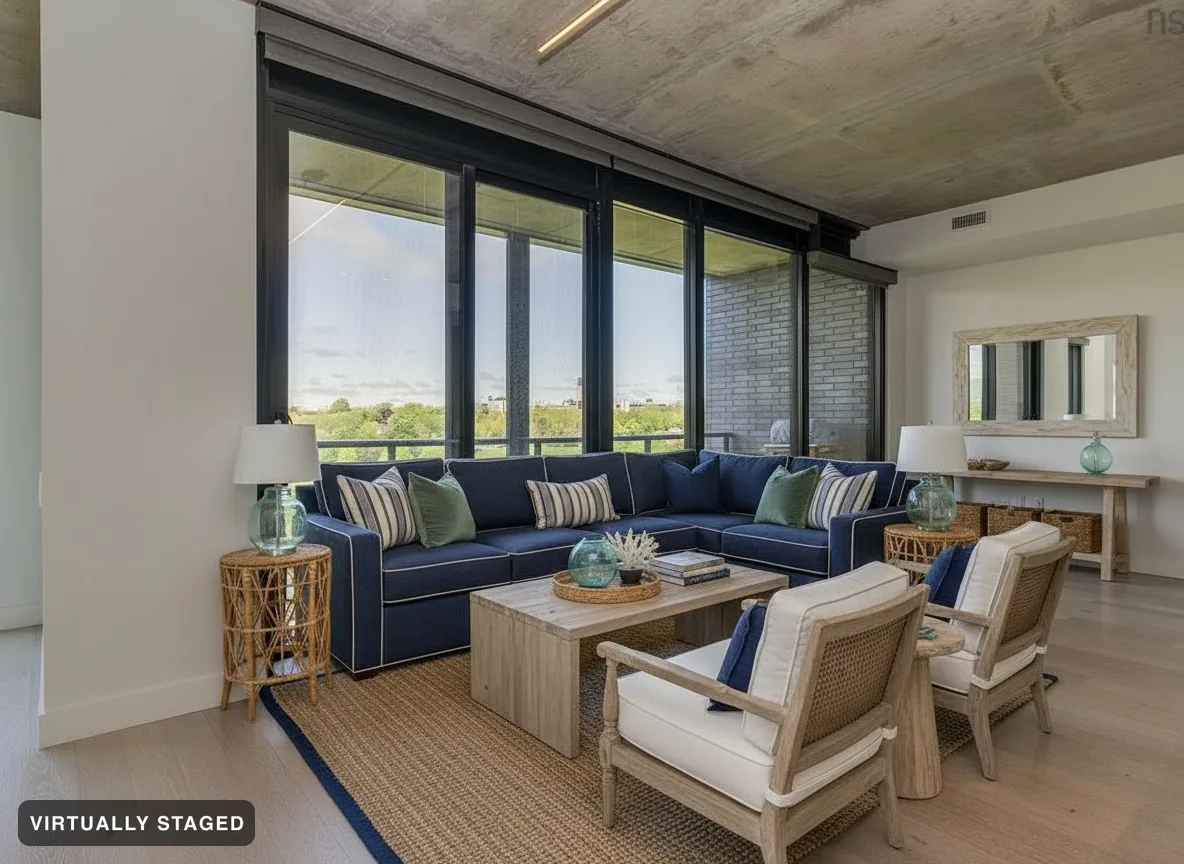 The same empty living room virtually staged in Coastal Blue — the balcony doors and view unchanged