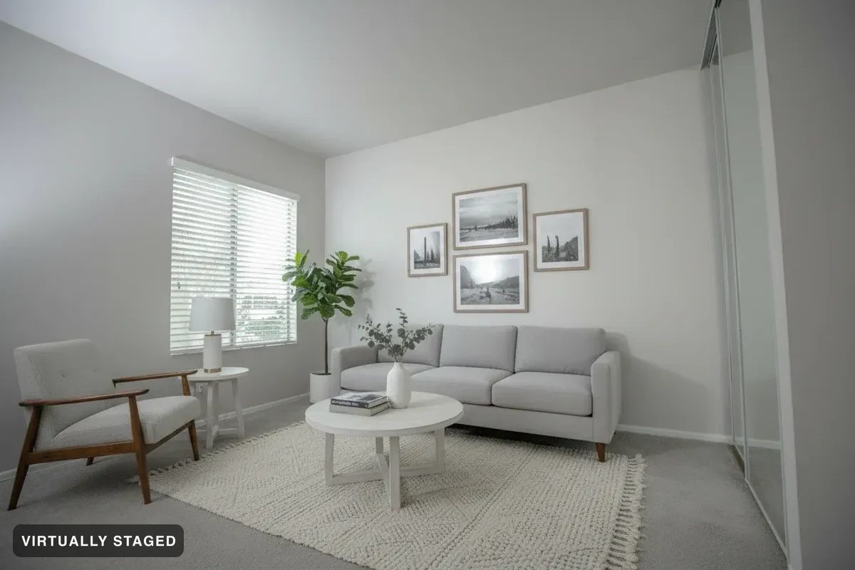 The same room virtually staged in Nordic Light — window, blinds and mirrored closet unchanged
