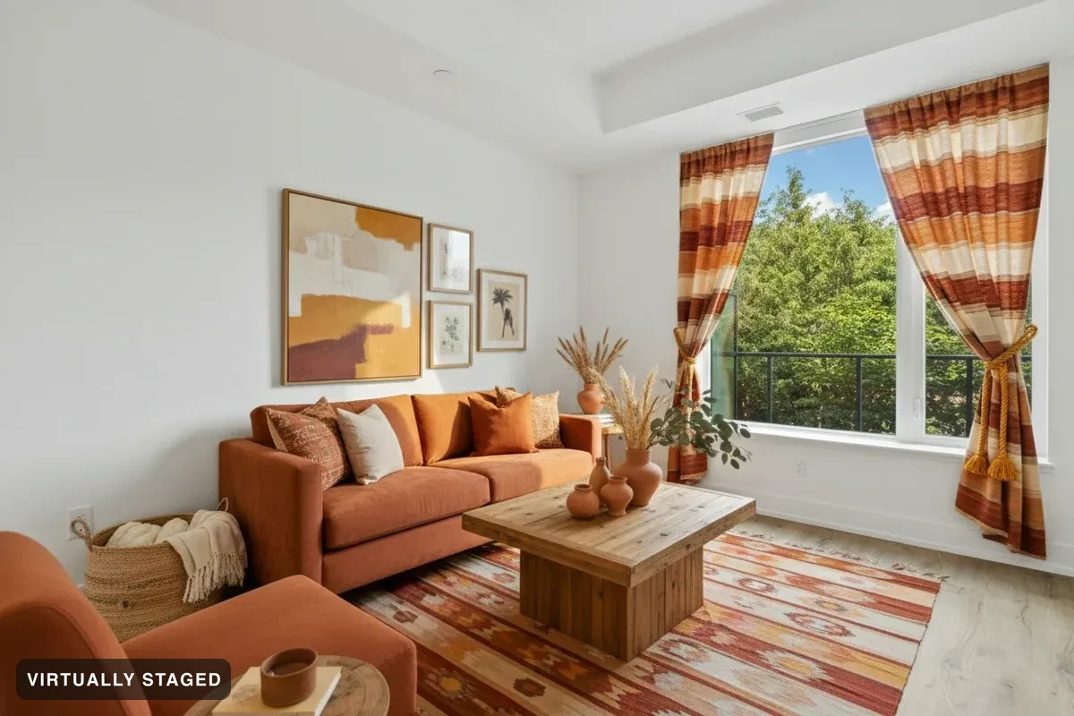 The same room staged in Warm clay — window and floors unchanged