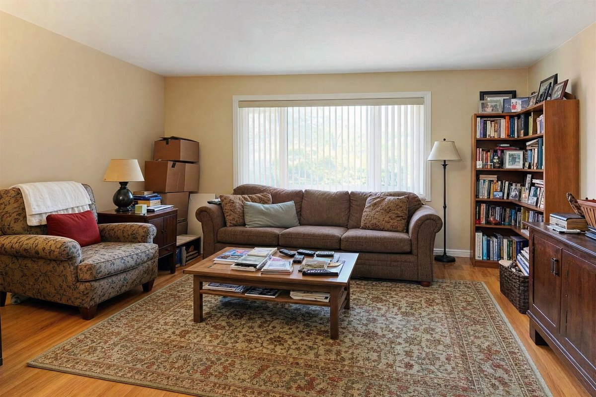 A lived-in living room as photographed, with the seller’s sofa, rug, bookcase and clutter